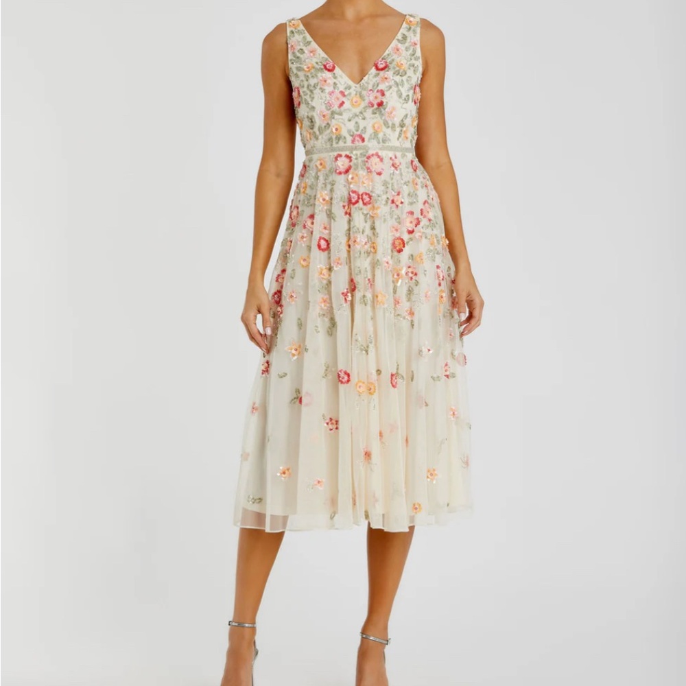 Mac Duggal Floral Embroidered Cream Dress